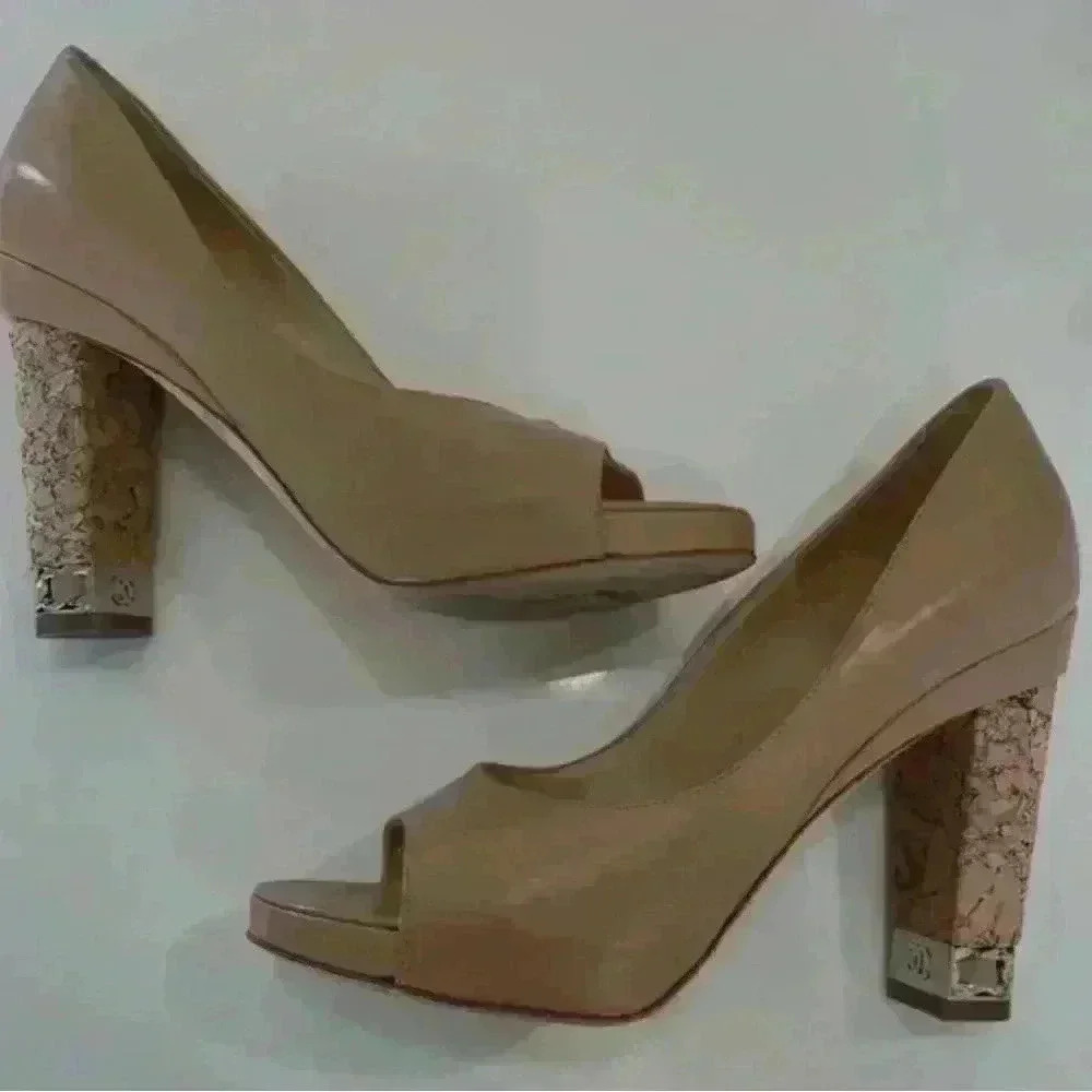 CHANEL Vintage Beige Leather Peep Toe Platform Cork Chain Pumps (Size 39 1/2)